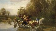 Rudolf Koller Kuhe mit Reiter am Wasser beim Zurichhorn oil painting